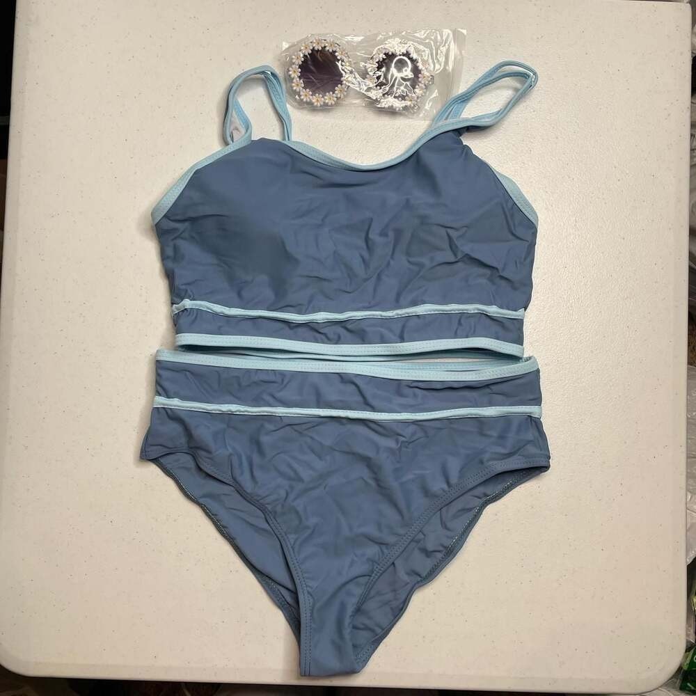 Girls 3-Piece Bikini Set with Sporty Shorts & Daisy Sunglasses, Size 13-14Y